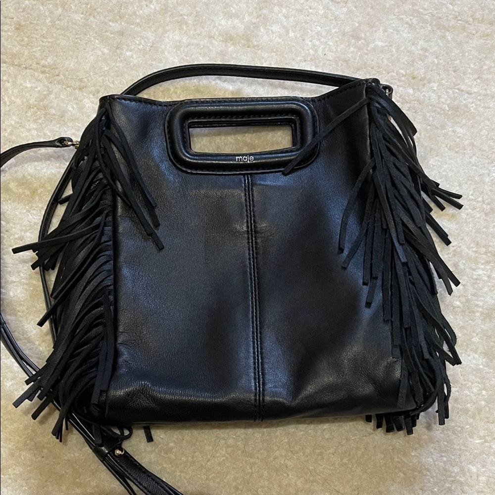 Maje Black Leather Fringe Shoulder Bag